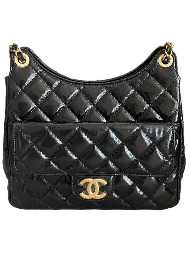 Hobo Handbag Shiny Crumpled Calfskin Gold Black Chanel