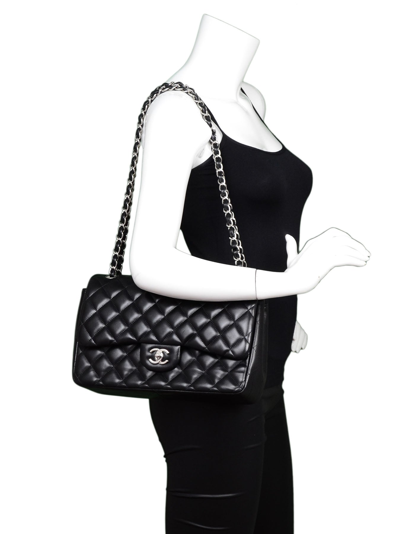 Chanel Black Lambskin Quilted Double Flap Jumbo Bag SHW