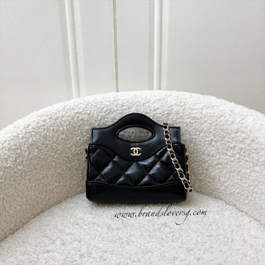 Chanel 31 Micro Shopping Bag in Black Shiny Calfskin and LGHW | Studio Nafay