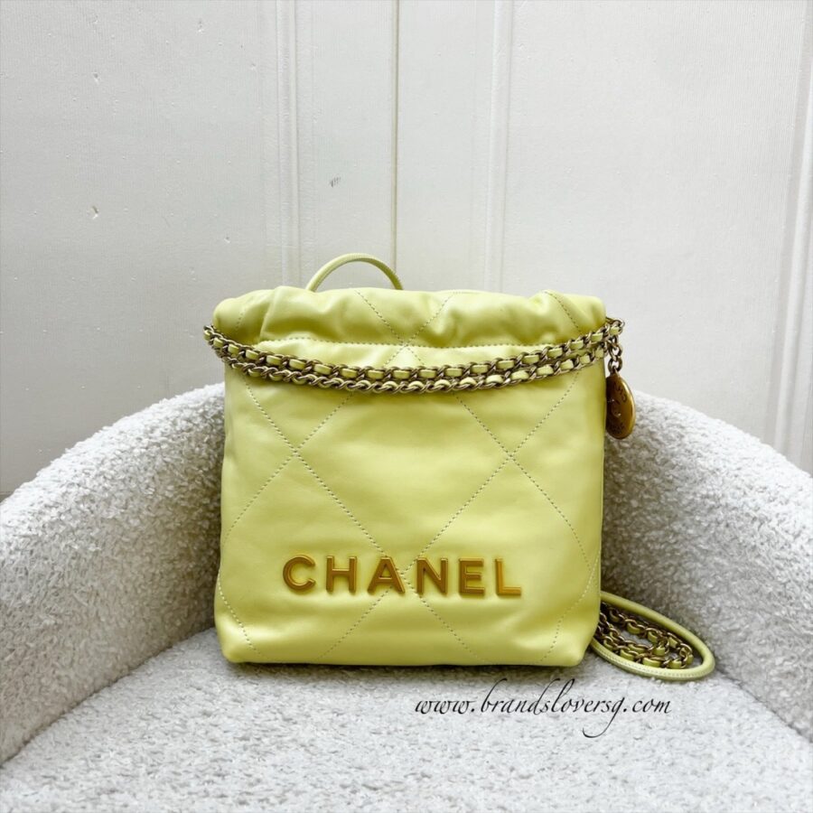 Chanel 22 Mini Hobo Handbag in Yellow Shiny Calfskin and AGHW (Model: ) | Studio Nafay
