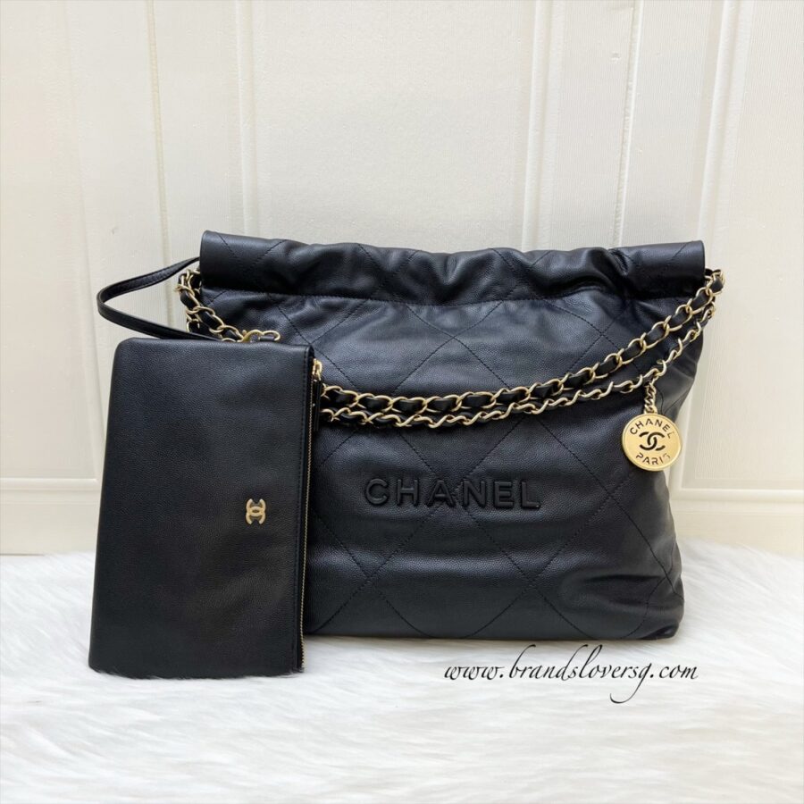 Chanel 22 Small Hobo Handbag in Black Shiny Caviar and AGHW (Model: ) | Studio Nafay