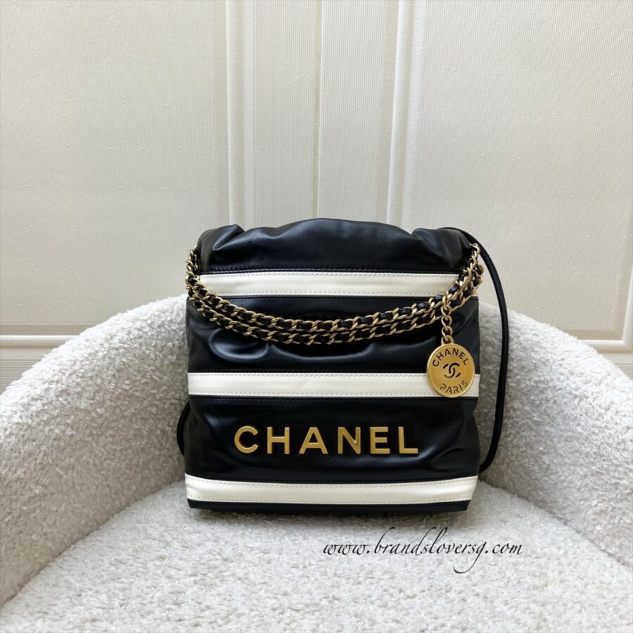 Chanel 22 Mini Hobo Handbag in 24S Striped Black and White Shiny Calfskin and AGHW (Detachable Strap) | Studio Nafay