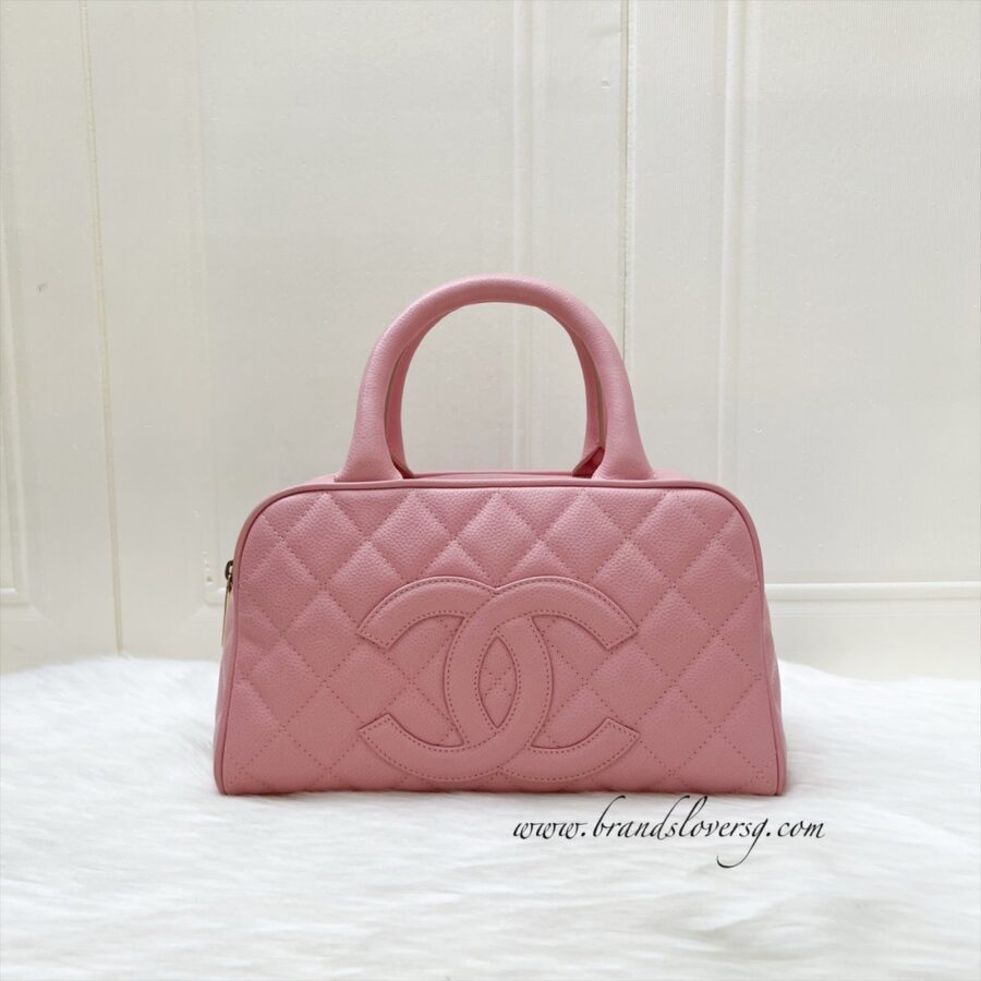 Chanel Mini Boston Bowling Bag in Pink Caviar and Gold HW | Studio Nafay