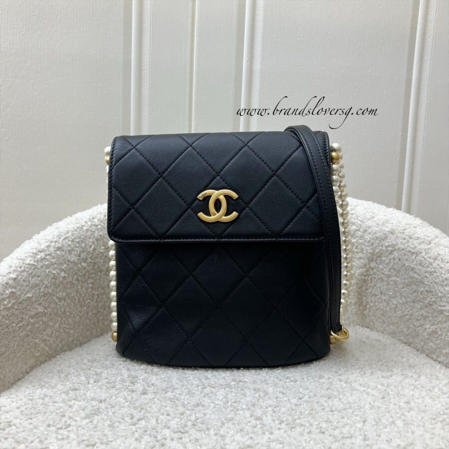 Chanel Pearl Chain North-South Flap Bag in Black Calfskin and AGHW (Model: ) | Studio Nafay