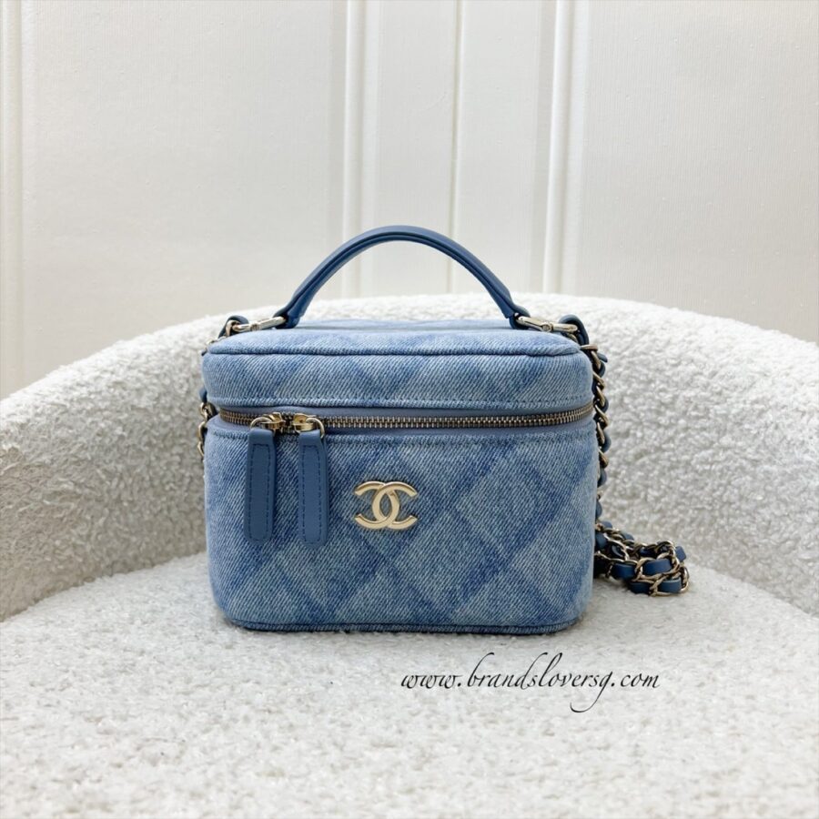 Chanel 22B Cheer for Chanel Vanity Case with Top Handle in Light Blue Fabric and LGHW (Model: ) Handbag | Studio Nafay