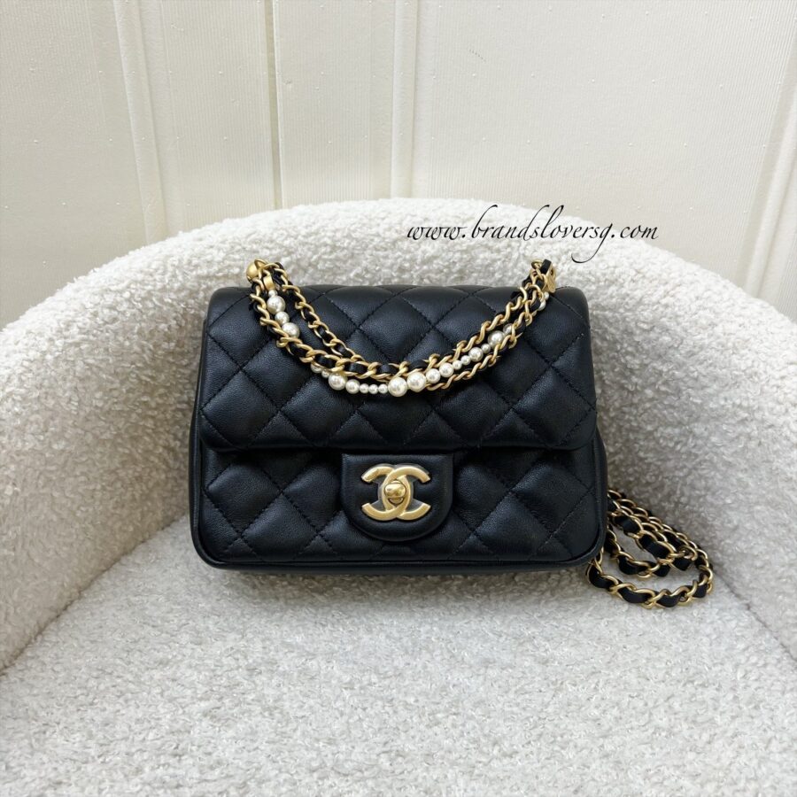 Chanel 24P Pearl Twist Chain Square Mini Flap Bag in Black Lambskin and AGHW (Model: ) | Studio Nafay