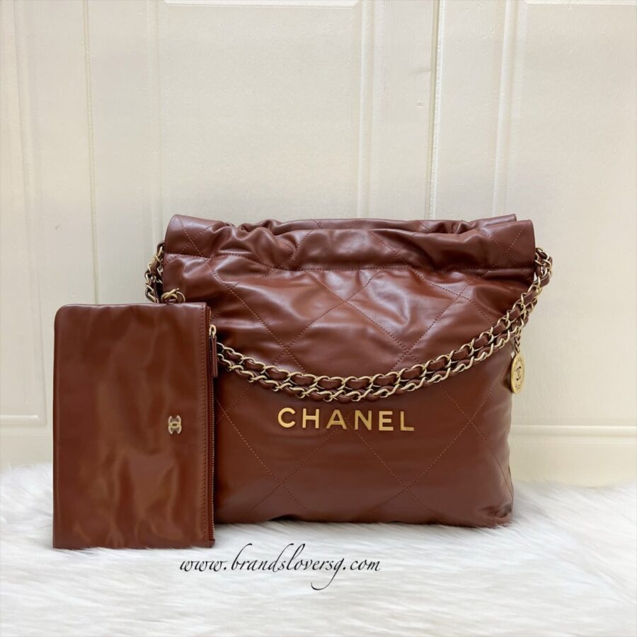 Chanel 22 Small Hobo Handbag in 24A Cognac Brown Shiny Calfskin and AGHW (Model: ) | Studio Nafay