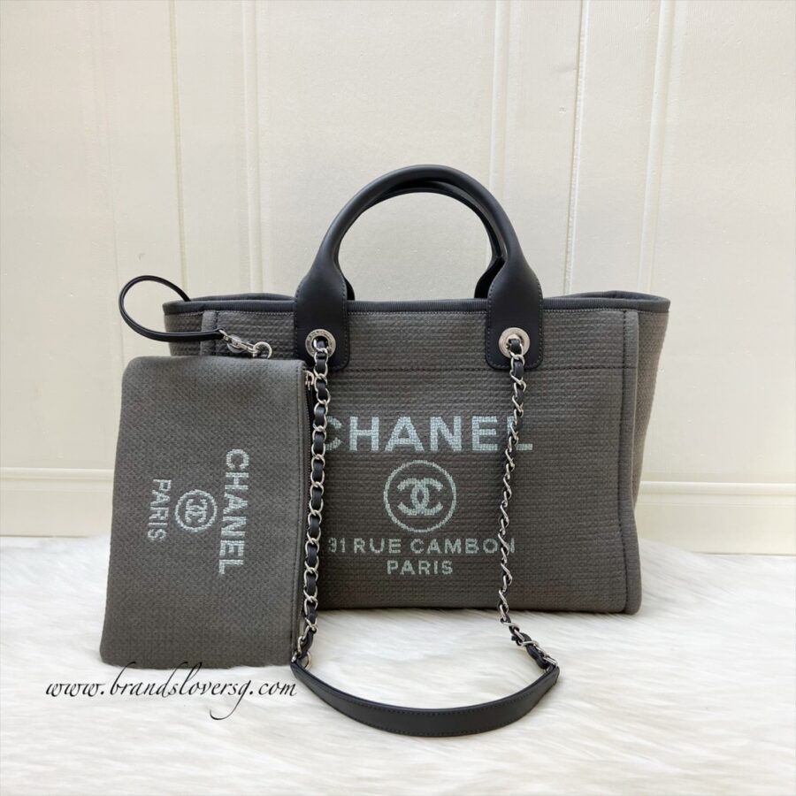Chanel Small Deauville Shopping Tote in Grey Fabric, Grey Leather and SHW | Studio Nafay