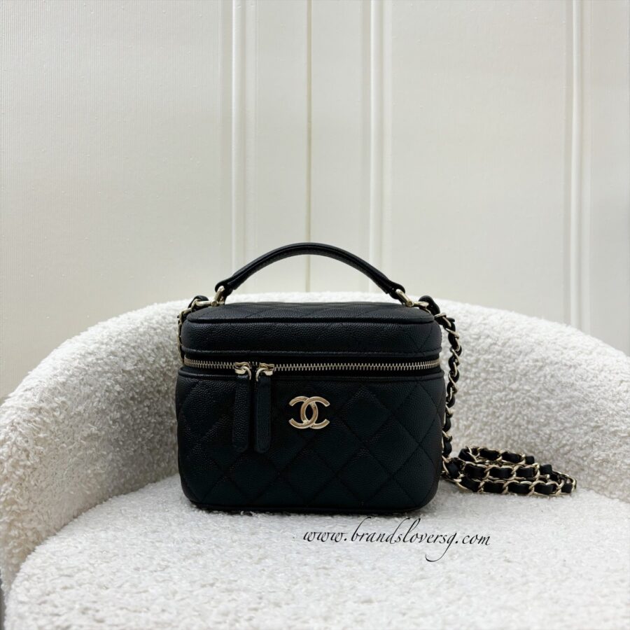 Chanel 22S Top Handle Vanity Case with Chain in Black Caviar LGHW Handbag | Studio Nafay