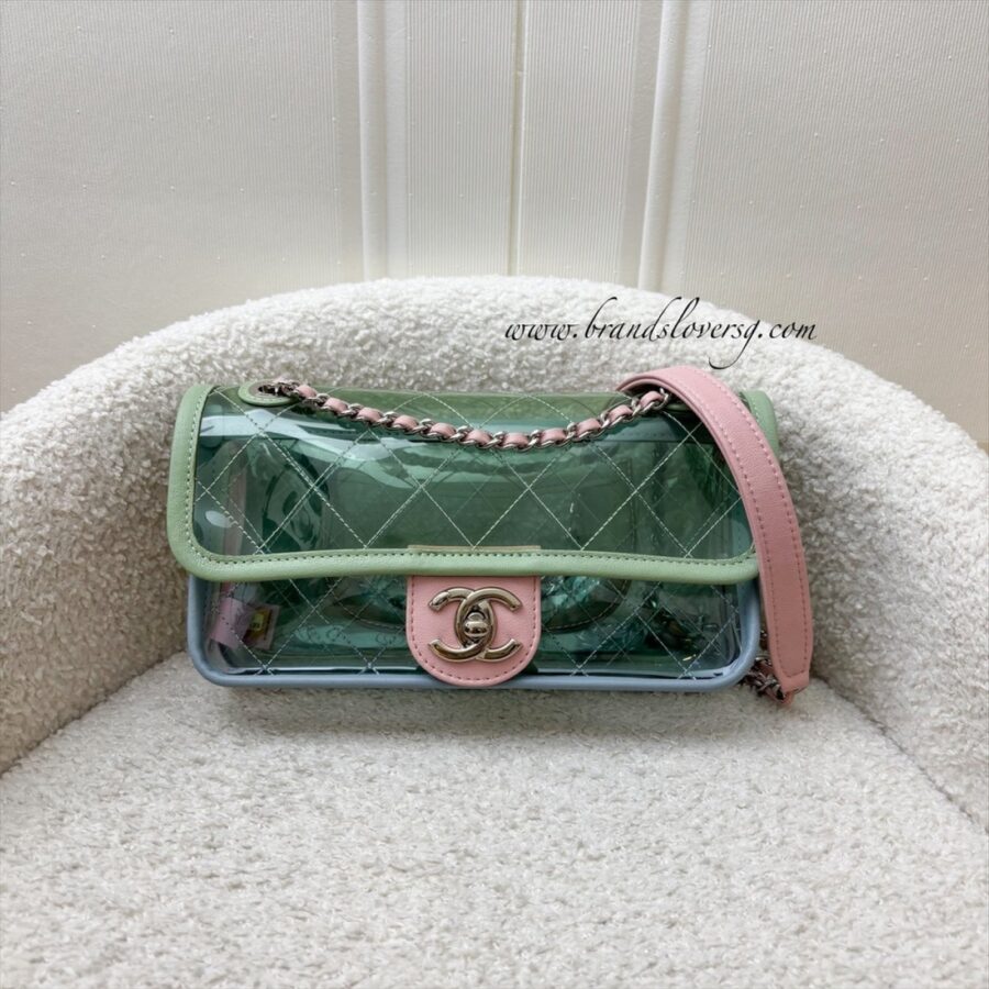 Chanel Coco Splash Mini Flap Bag in Blue and Green PVC, Pink Lambskin and SHW | Studio Nafay