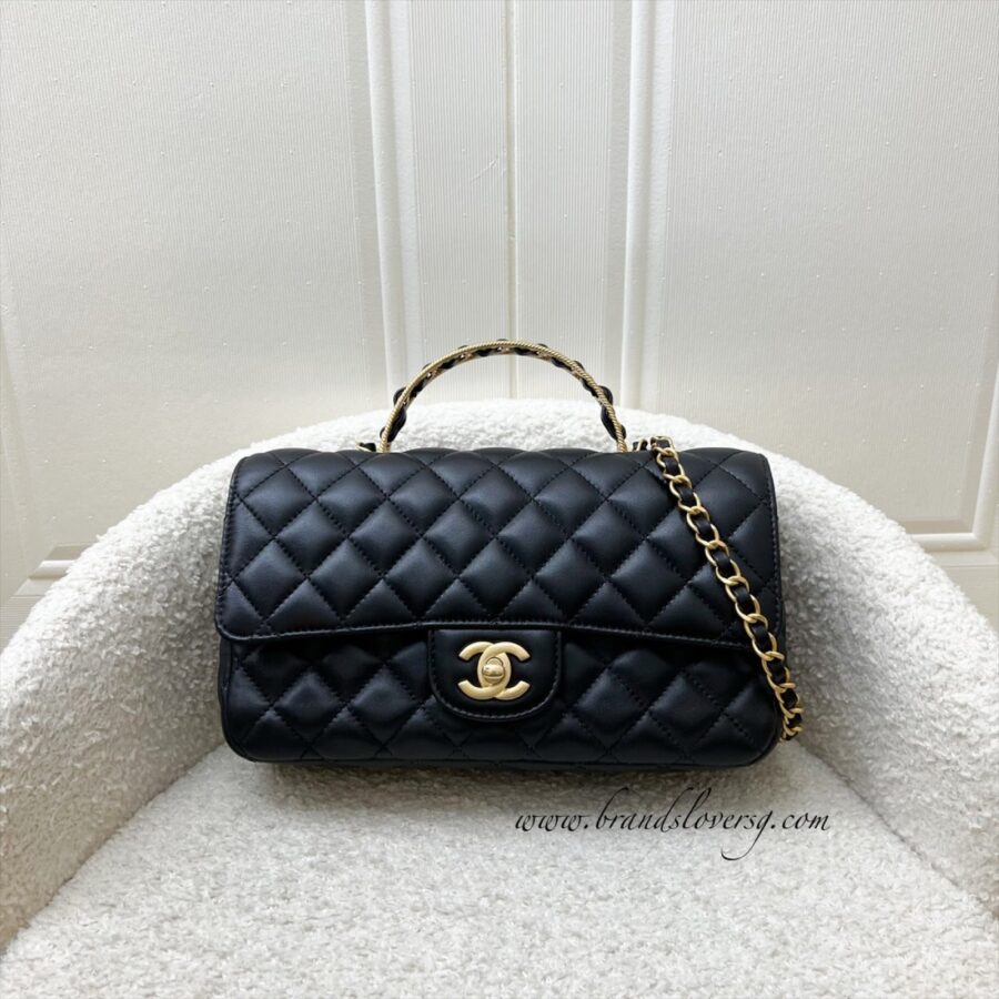 Chanel 23K Small Flap with Top Handle in Black Lambskin and AGHW (Model: ) Handbag | Studio Nafay
