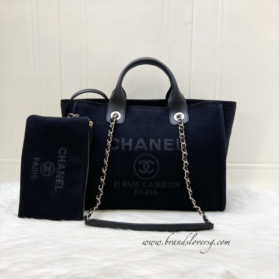 Chanel Small Deauville Shopping Tote in Black Fabric, Black Leather and LGHW | Studio Nafay