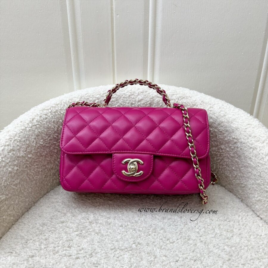 Chanel 23A Mini Rectangle Flap with Crystals Top Handle in Hot Pink Lambskin and LGHW (Model: ) Handbag | Studio Nafay