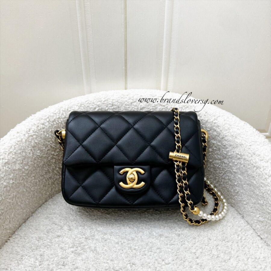 Chanel Perfect Mini Flap Bag with Pearls and Adjustable Chain in Black Lambskin and AGHW | Studio Nafay