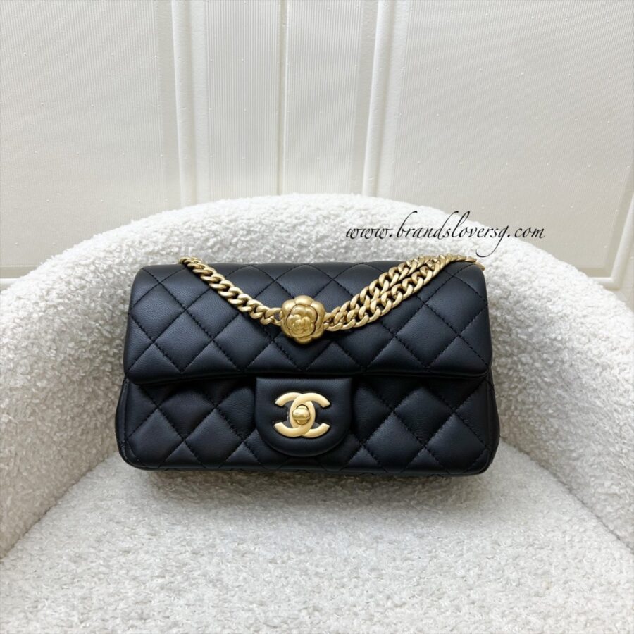 Chanel Mini Rectangular Flap Bag with Camellia Flower Adjustable Chain in Black Stiff Lambskin and AGHW (Model: ) | Studio Nafay