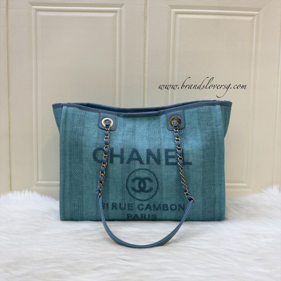 Chanel Small / Medium Deauville Tote in Green / Turquoise Fabric and LGHW (Model: ) | Studio Nafay