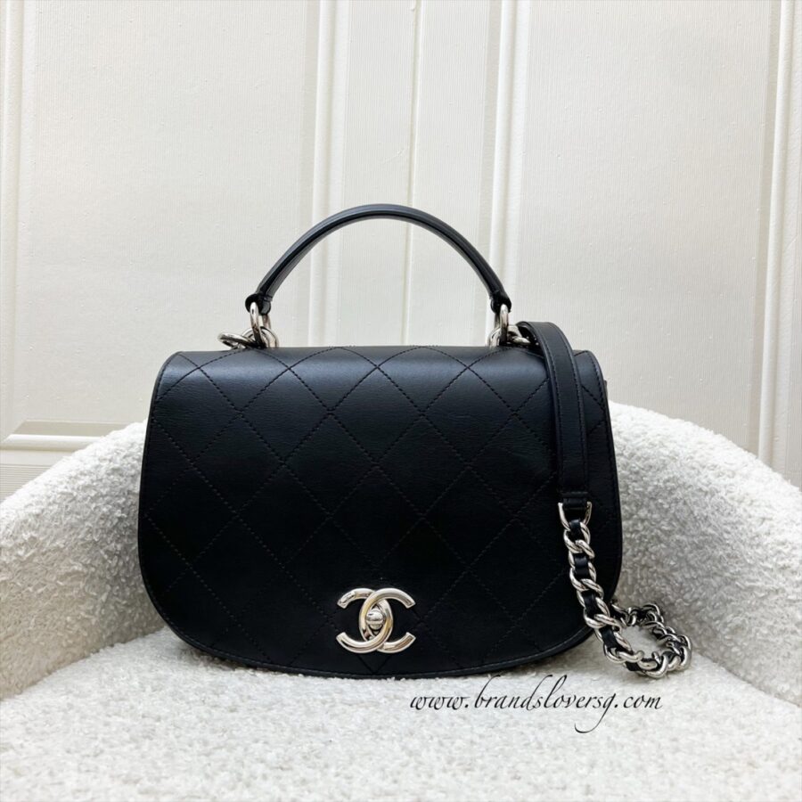 Chanel Seasonal Medium Top Handle Full Flap Bag with Chain Strap in Black Calfskin and SHW | Studio Nafay