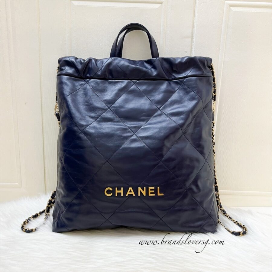 Chanel 22 Large Backpack in 22S Navy Blue Shiny Calfskin and AGHW | Studio Nafay