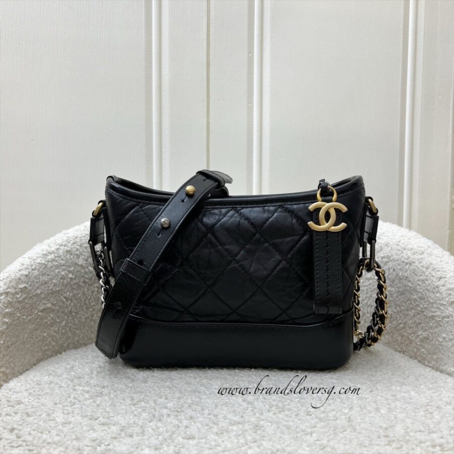 Chanel Small Gabrielle Hobo in Black Distressed Calfskin and 3 tone Hardware Shoulder Bag | Studio Nafay