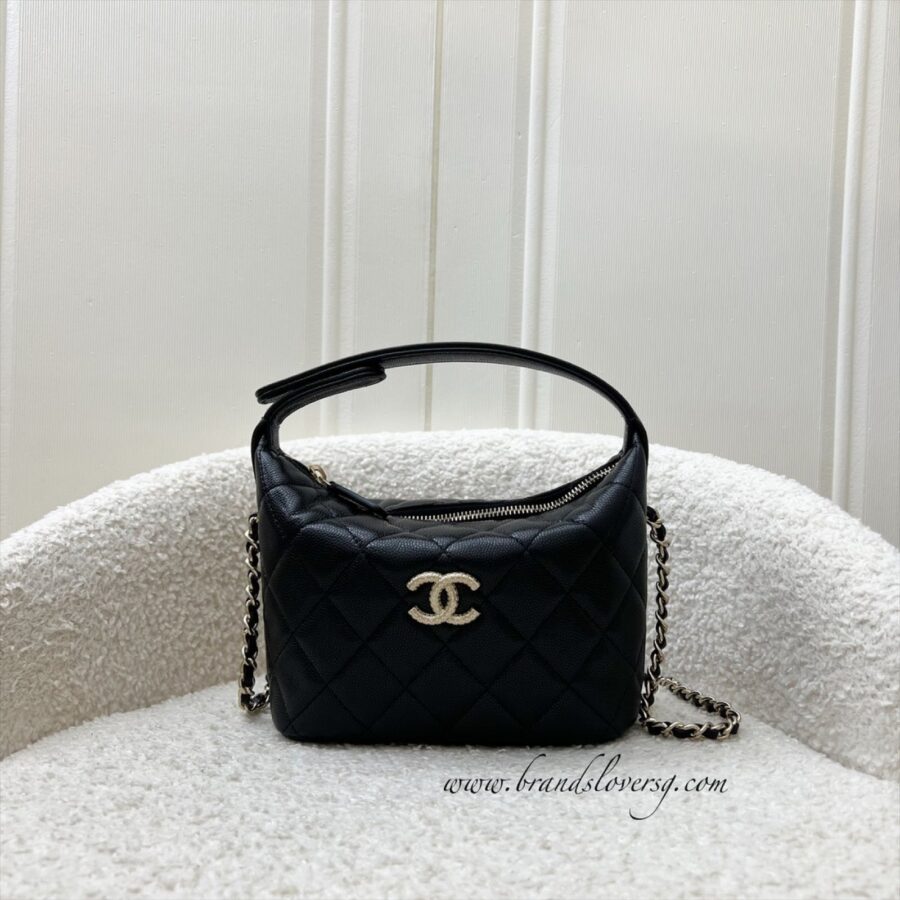 Chanel 25A Quilted Hobo Clutch on Chain in Black Caviar and LGHW Shoulder Bag | Studio Nafay