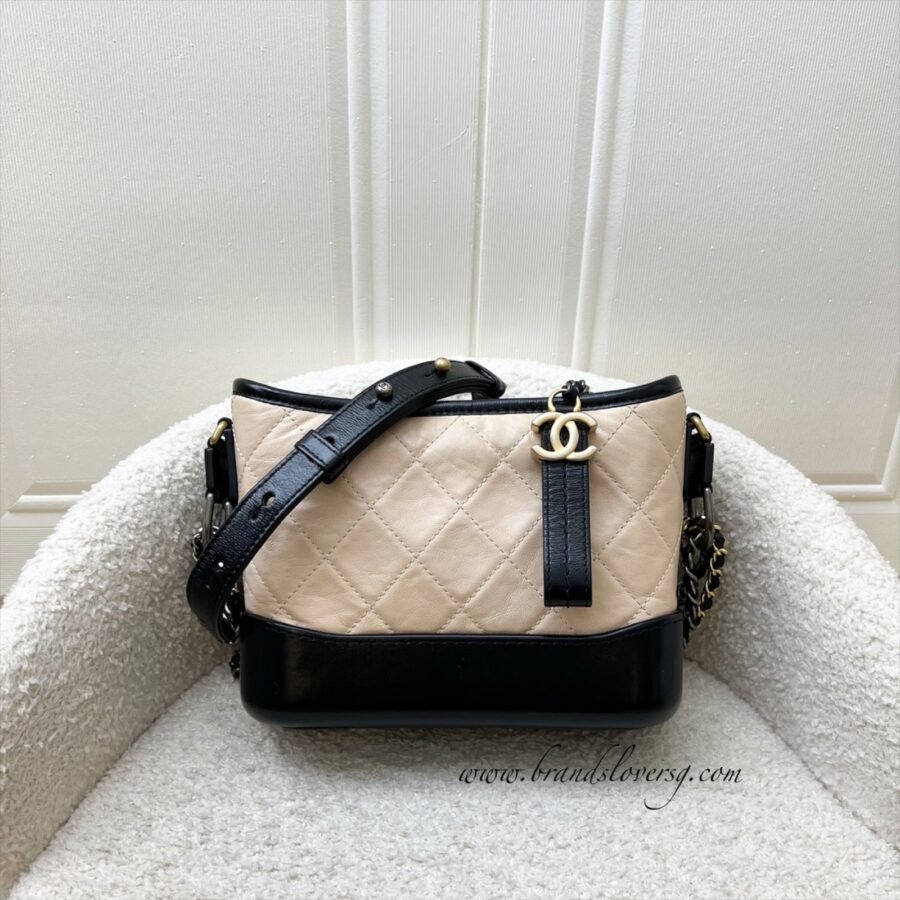 Chanel Small Gabrielle Hobo in Beige Distressed Calfskin, Black Base and 3 Tone HW Shoulder Bag | Studio Nafay