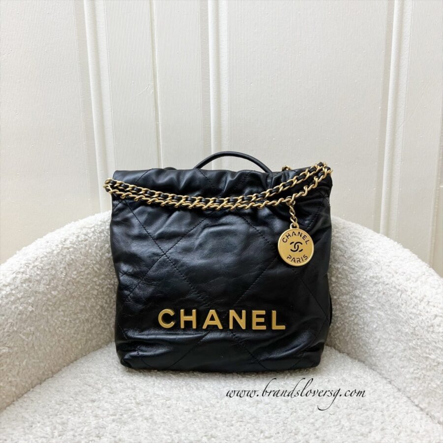 Chanel 22 Mini Hobo Handbag in Black Shiny Calfskin and AGHW | Studio Nafay