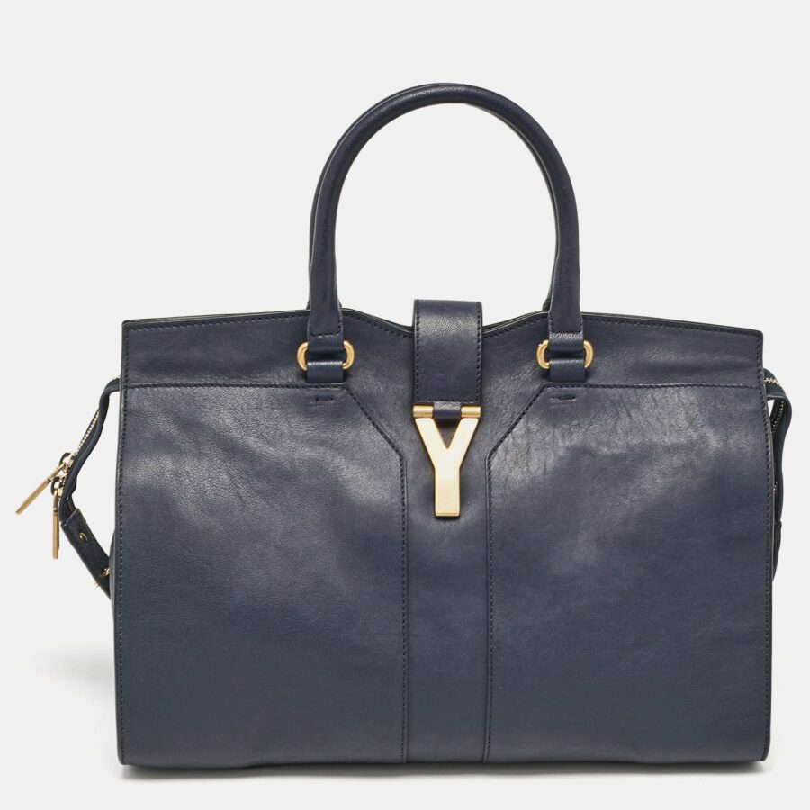 Saint Laurent Navy Blue Leather Medium Cabas Chyc Tote | Studio Nafay