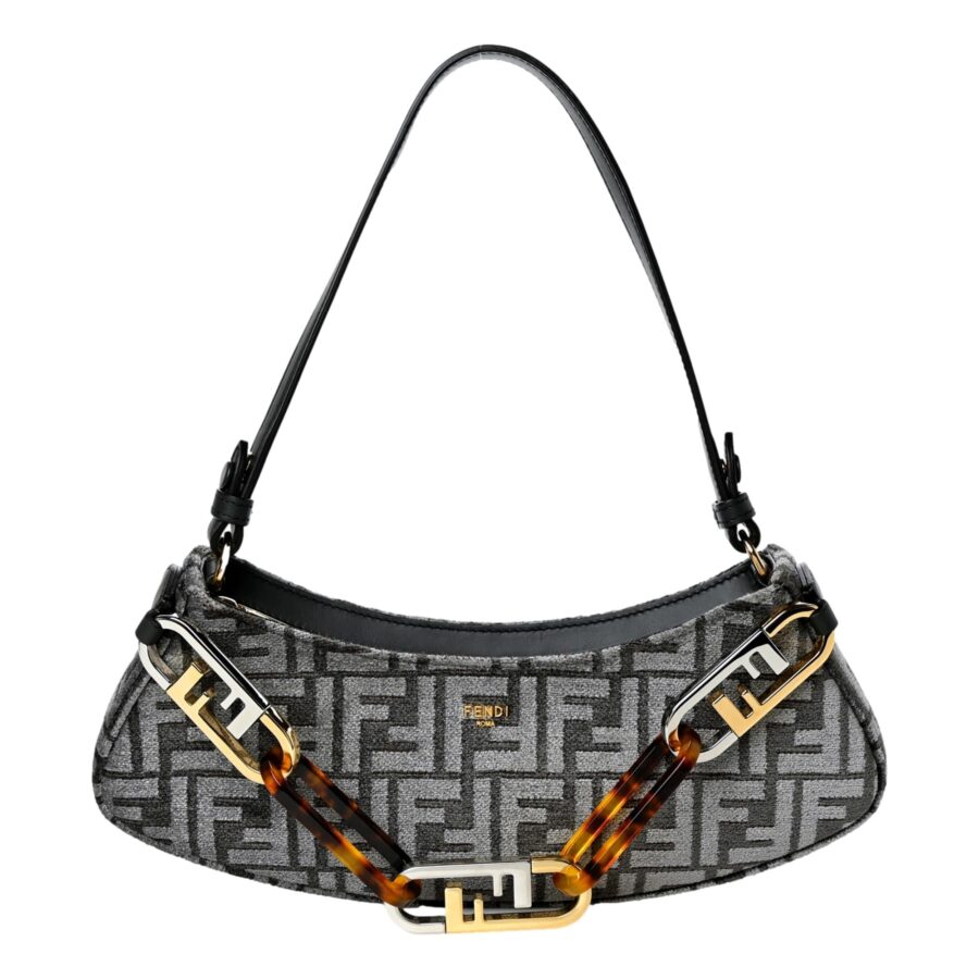 Fendi O'Lock Swing FF Logo Anthracite Gray Chenille Shoulder Bag | Studio Nafay