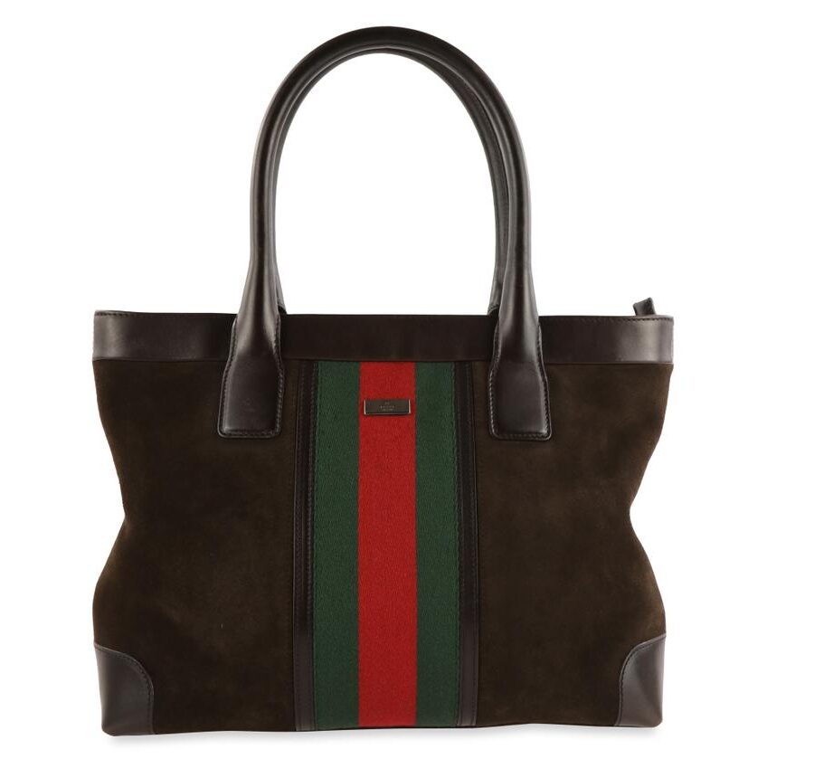 Gucci Web Stripe Top Handle Suede and Leather Tote | Studio Nafay