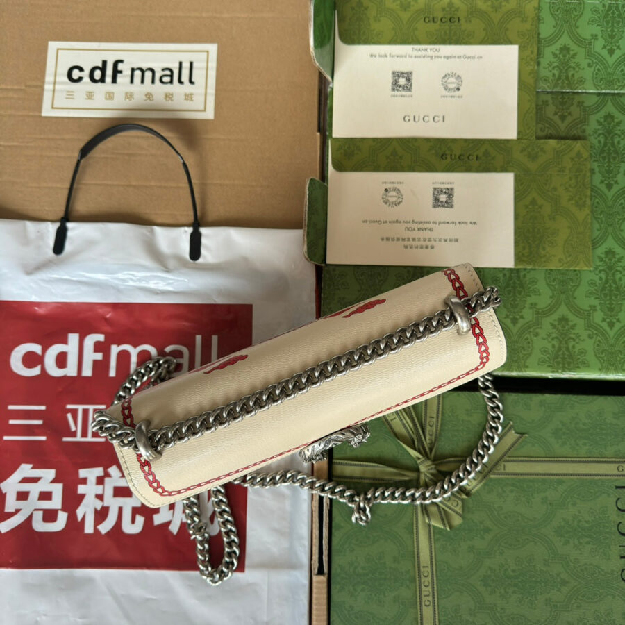DYONYSUS SMALL SHOULDER BAG 25 IN BEIGE MIX RED CALFSKIN DRAGON LOGO PRINT | Studio Nafay