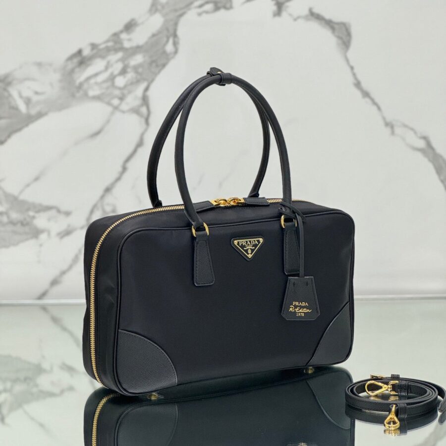 LARGE TOP HANDLE BAG 35 IN BLACK NYLON AND CALFSKIN TRIM | Studio Nafay