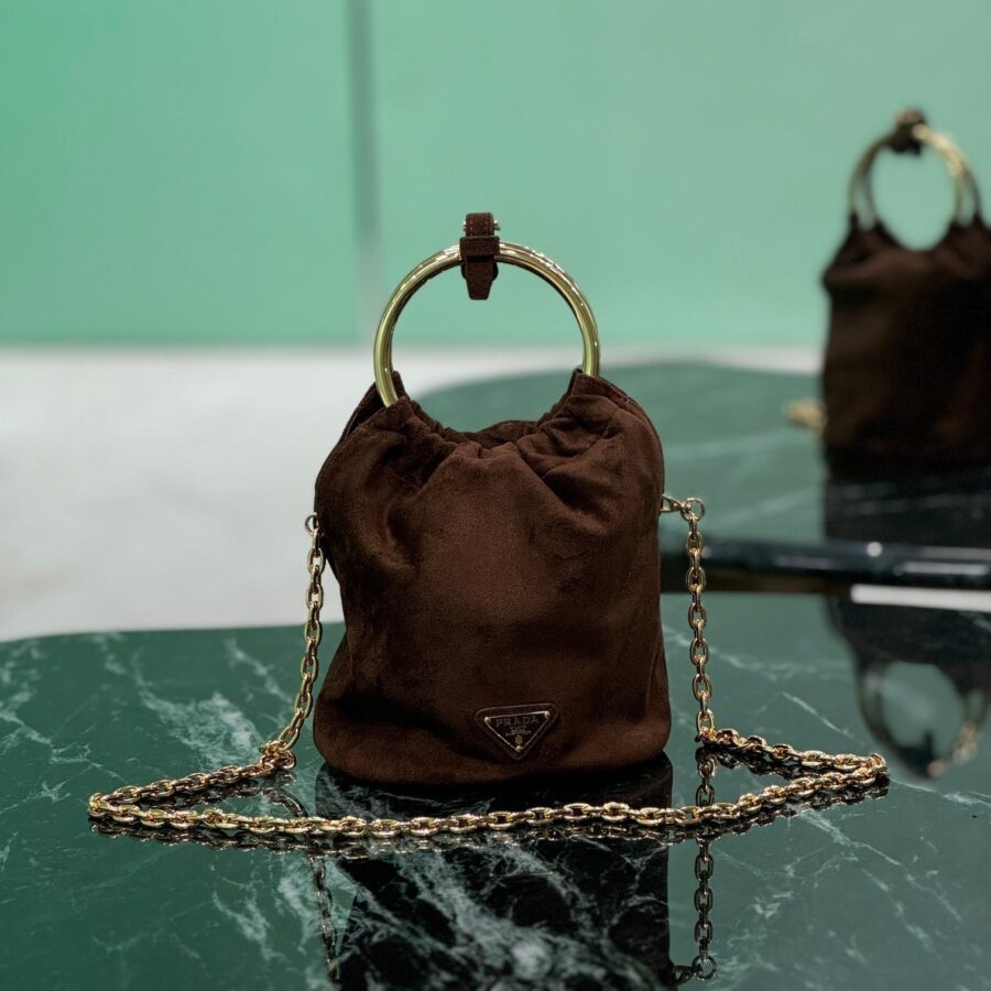 MINI BUCKET BAG 19 IN CHOCOLATE SOFT SUEDE GOLD HARDWARE | Studio Nafay