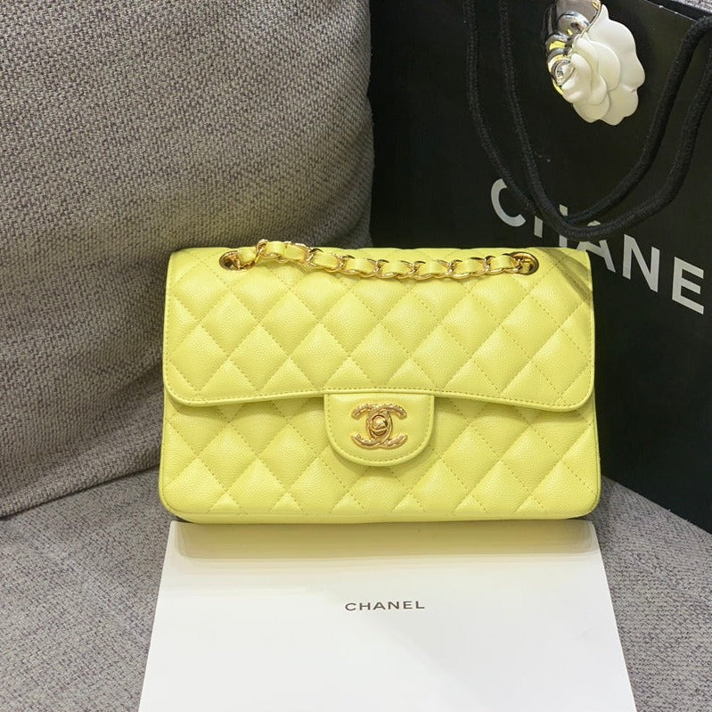 CHANEL Small Classic Flap Bag 23cm Yellow Caviar Gold Hardware