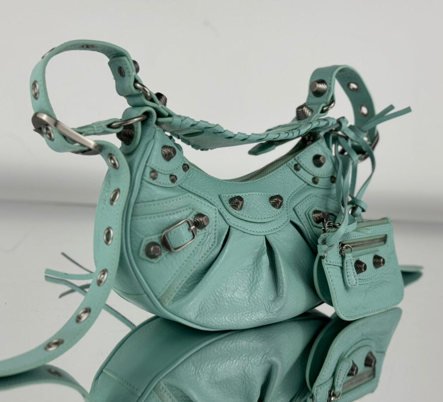 LE CAGOLE SMALL SHOULDER BAG 26 WITH RHINESTONES IN MINT GREEN LAMBSKIN | Studio Nafay