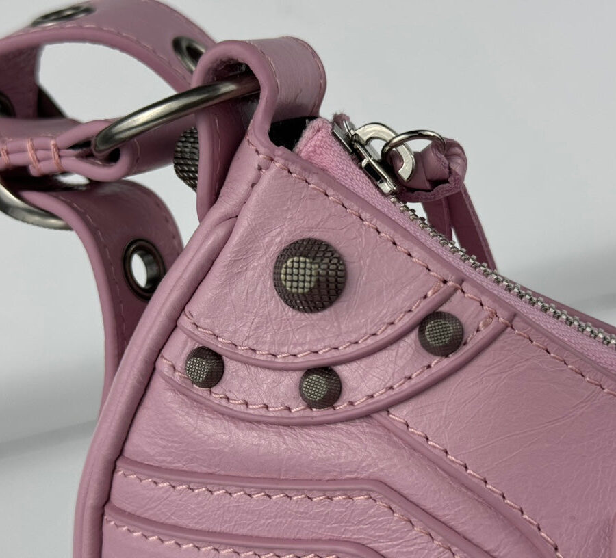 LE CAGOLE SMALL SHOULDER BAG 26 WITH RHINESTONES IN CREPE PINK LAMBSKIN | Studio Nafay