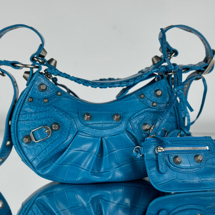 LE CAGOLE SMALL SHOULDER BAG 26 WITH RHINESTONES IN DODPER BLUE CROCODILE EMBOSSED CALFSKIN | Studio Nafay
