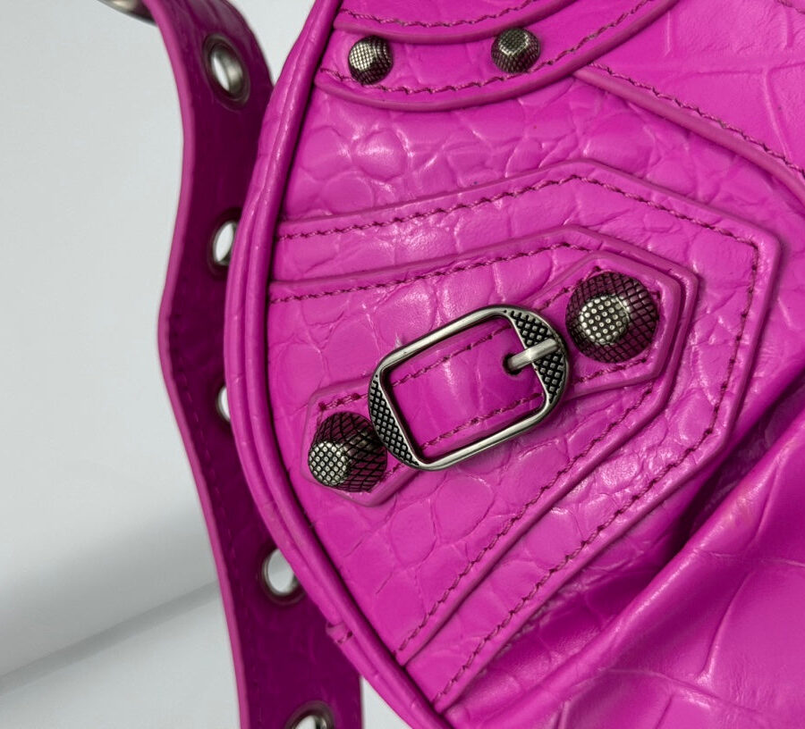 LE CAGOLE SMALL SHOULDER BAG 26 WITH RHINESTONES IN DEEP PINK CROCODILE EMBOSSED CALFSKIN | Studio Nafay