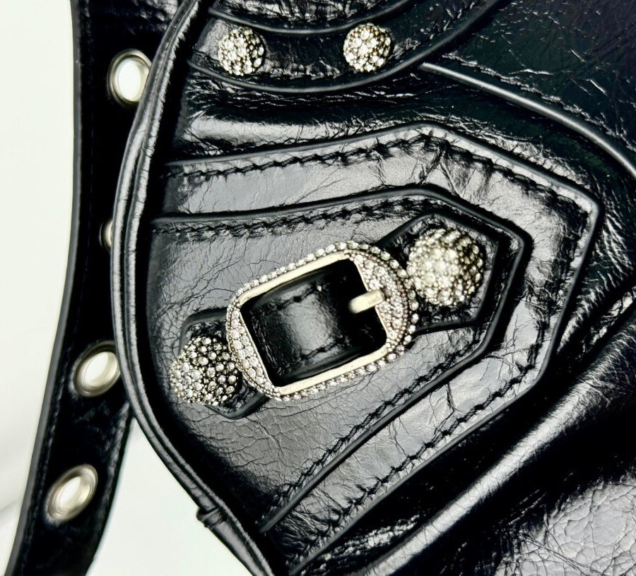 LE CAGOLE SMALL SHOULDER BAG 26 WITH RHINESTONES IN BLACK ARENA LAMBSKIN SILVER HARDWARE | Studio Nafay