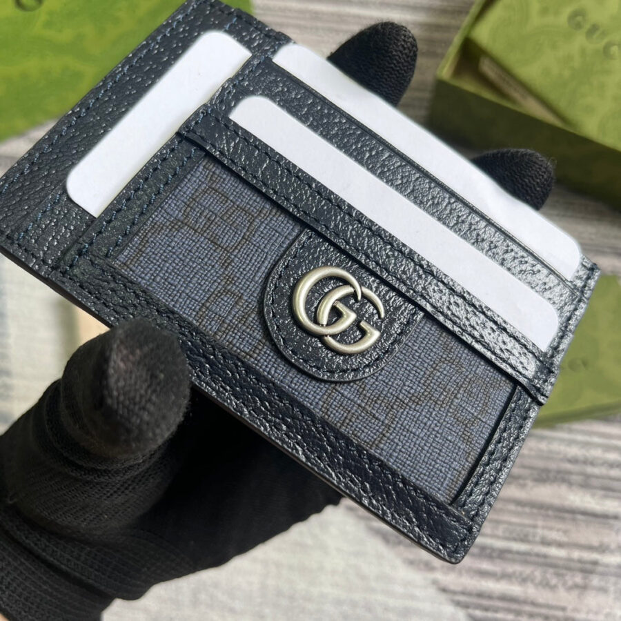 OPHIDIA GG 11 CARD CASE DARK BLUE CANVAS AND BLACK CALFSKIN | Studio Nafay