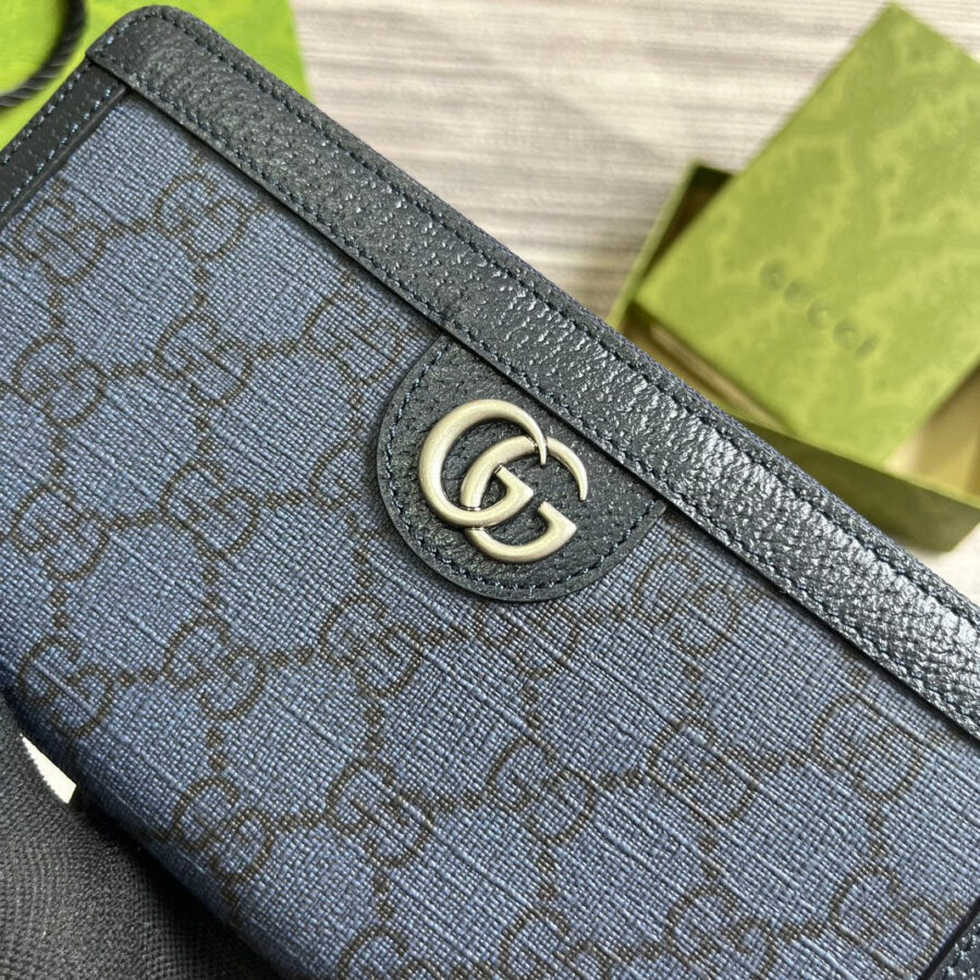 OPHIDIA GG 19 ZIP AROUND WALLET DARK BLUE CANVAS AND BLACK CALFSKIN | Studio Nafay