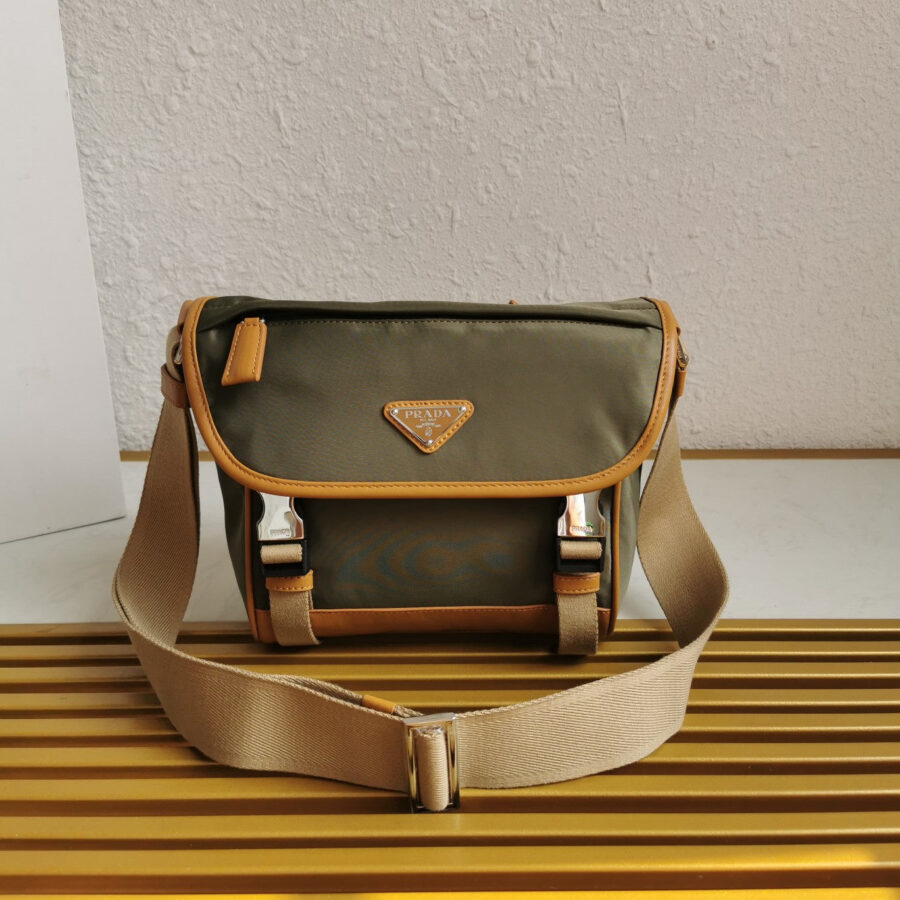 MESSENGER BAG 20 IN KHAKI GREEN RE-NYLON AND BROWN CALFSKIN TRIM | Studio Nafay