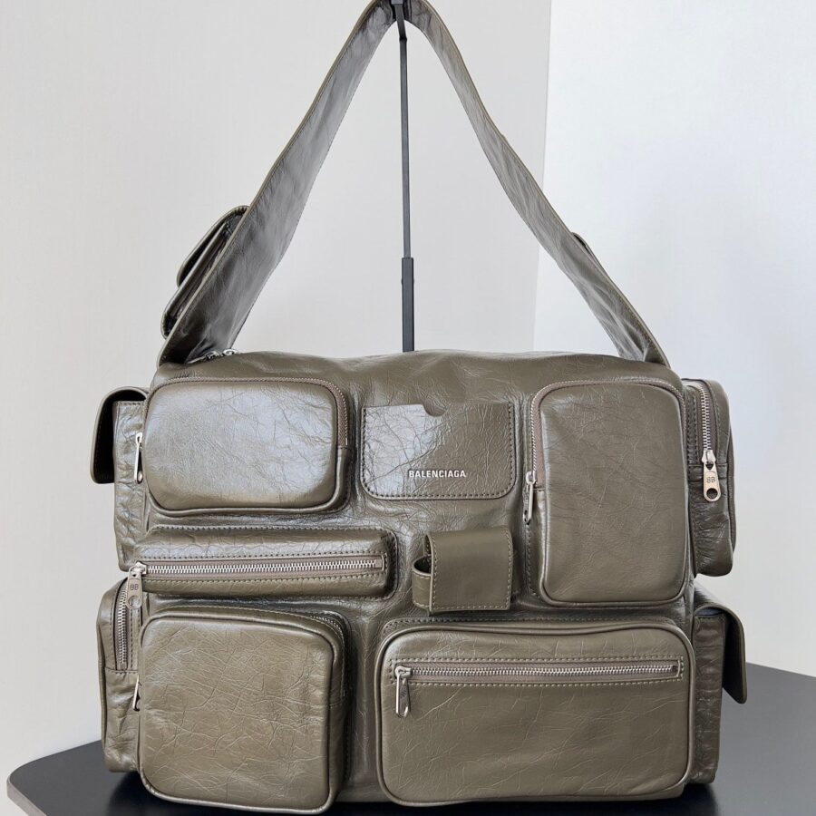 SUPERBUSY LARGE SLING BAG 42 IN KHAKI GREEN LAMBSKIN | Studio Nafay