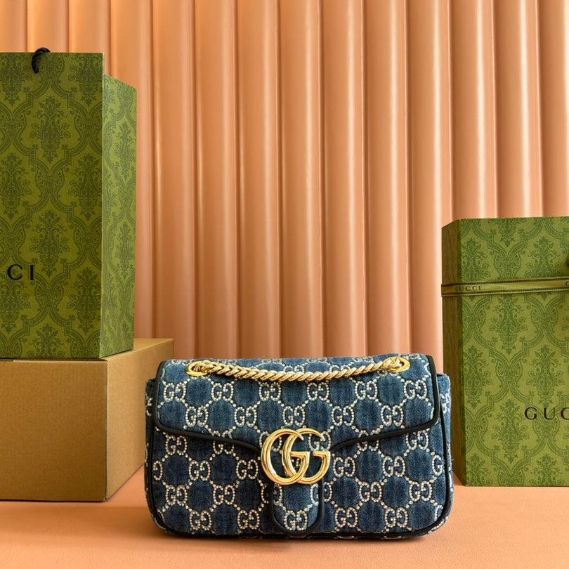 MARMONT SHOULDER BAG 26 IN BLUE DENIM WITH DOUBLE G CRYSTAL PATTERN GOLD HARDWARE | Studio Nafay