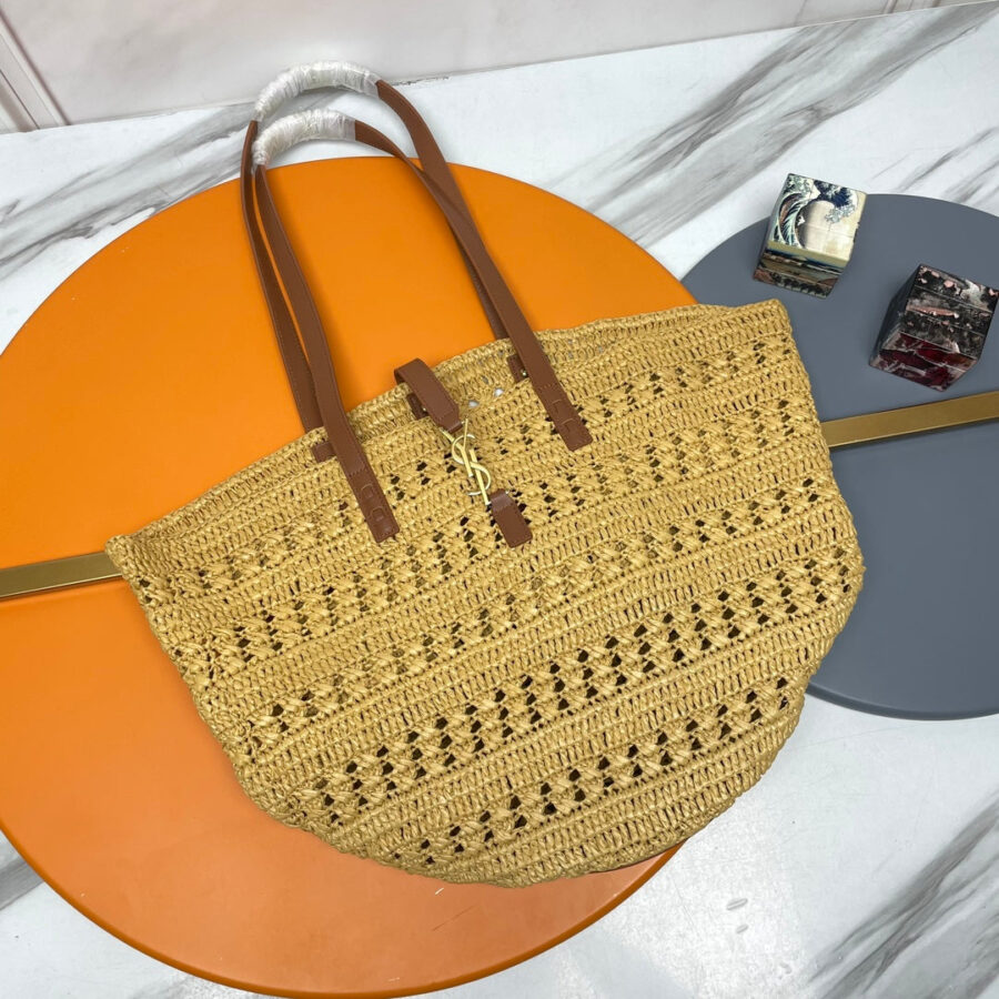 YSL PANIER BAG 55CM BEIGE CROCHET RAFFIA TAN CALFSKIN | Studio Nafay