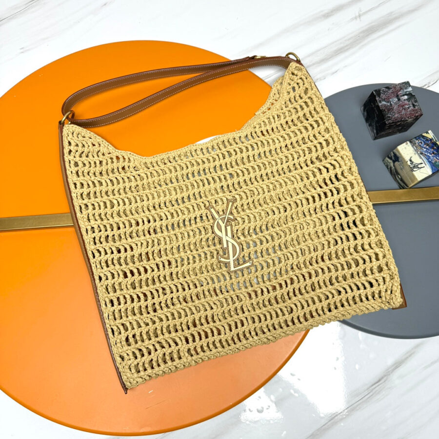 YSL OXALIS 37CM BEIGE RAFFIA TAN CALFSKIN | Studio Nafay