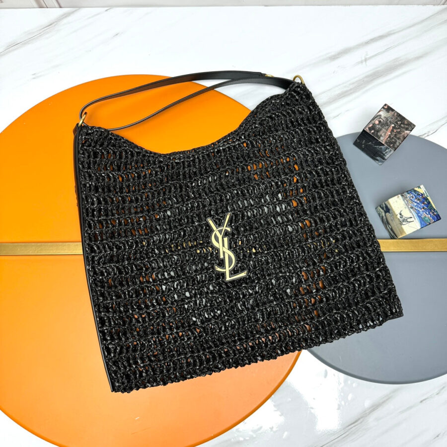 TOTE BAG 40 IN BLACK RAFFIA GOLD LOGO | Studio Nafay