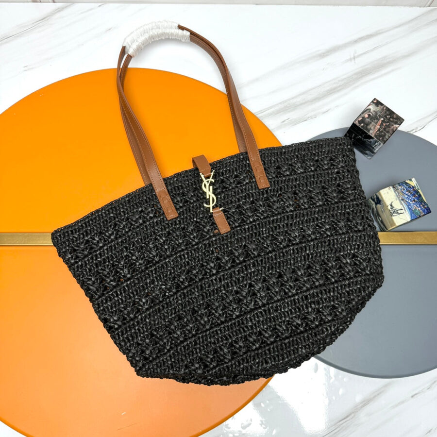 YSL PANIER BAG 55CM BLACK CROCHET RAFFIA TAN CALFSKIN | Studio Nafay