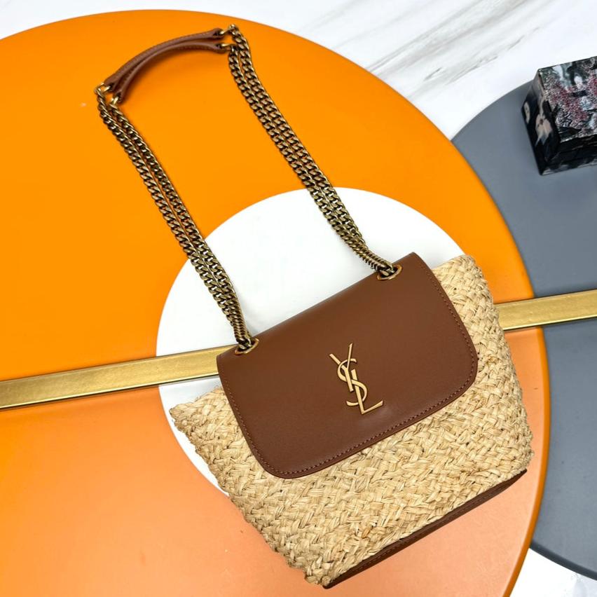 YSL SMALL 23CM MANON BEIGE RAFFIA TAN CALFSKIN | Studio Nafay