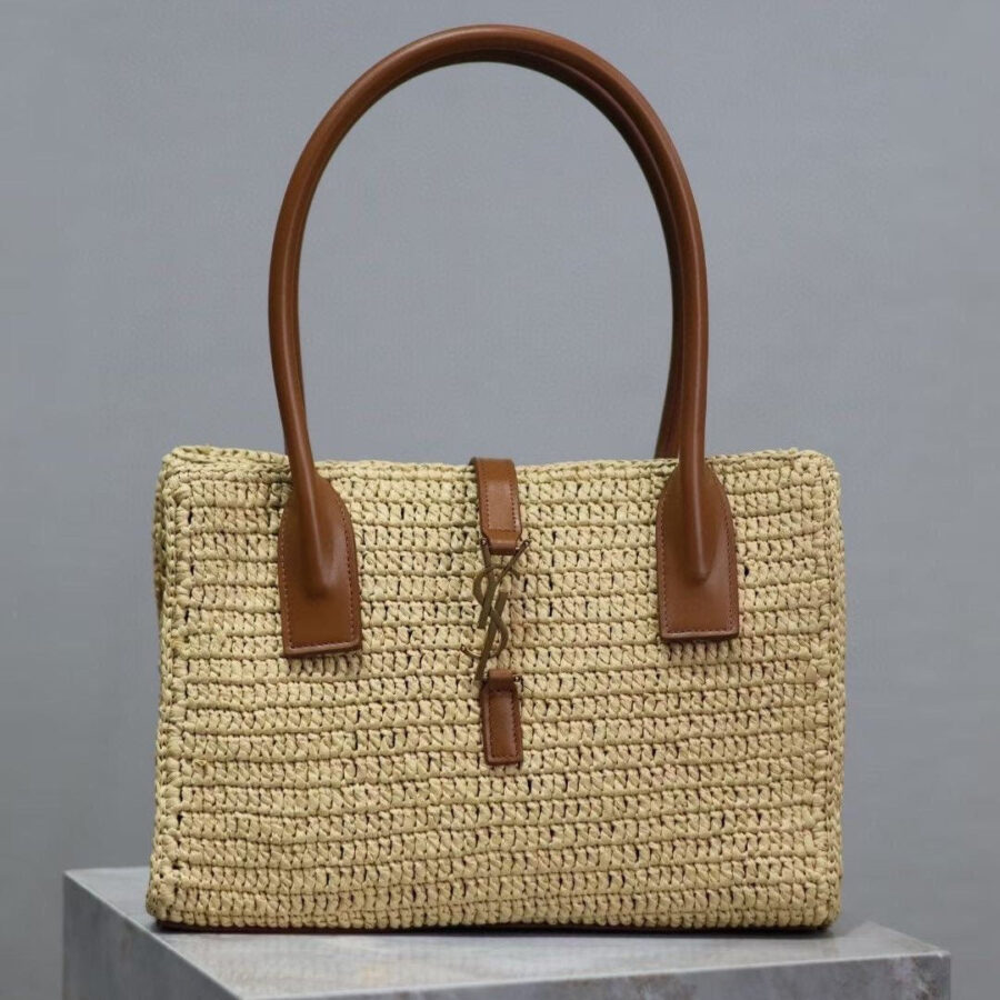 YSL TOTE BAG 29CM PANIER LEATHER TRIMMED RAFFIA | Studio Nafay