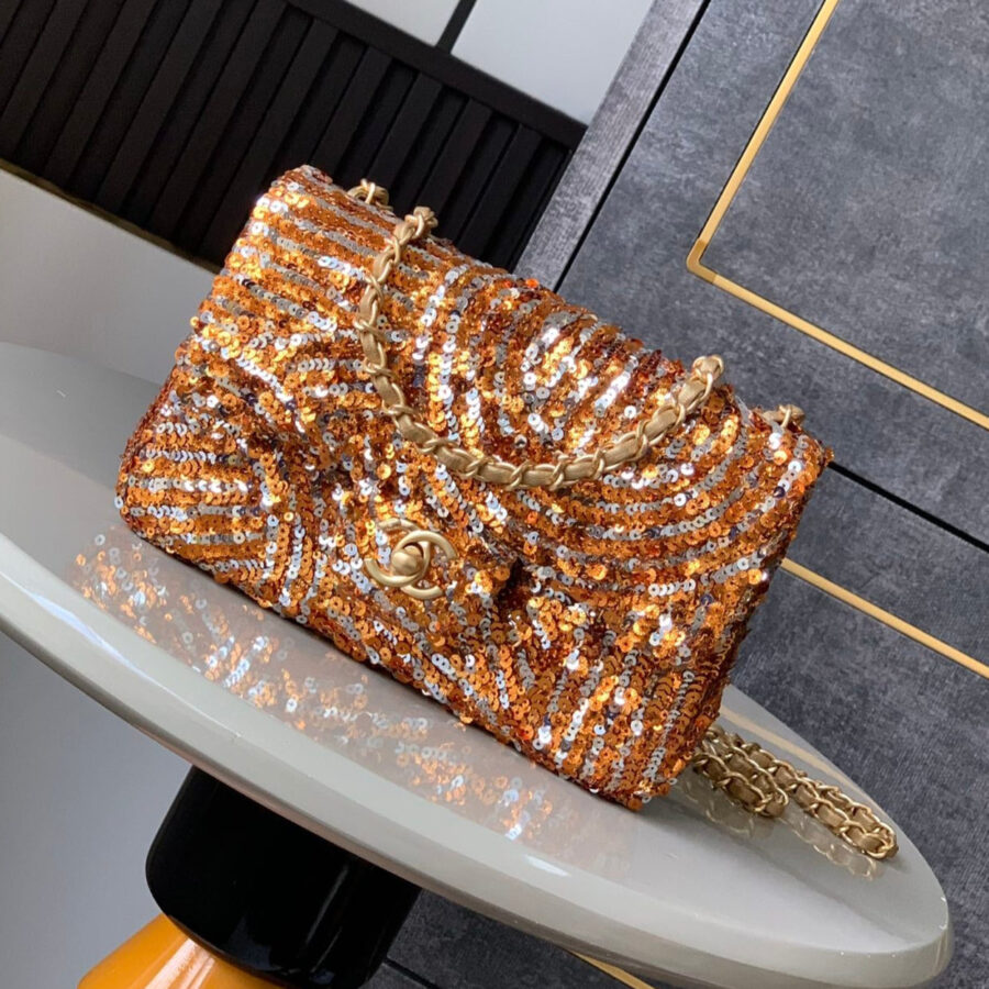 Flap Bag Mini 20cm Beige Calfskin Gold Bronze Sequin | Studio Nafay